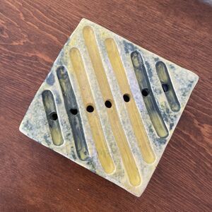 Handmade Pottery Ceramic Soap Dish 3.5 Inch Square Yellow‎ Blue Abstract